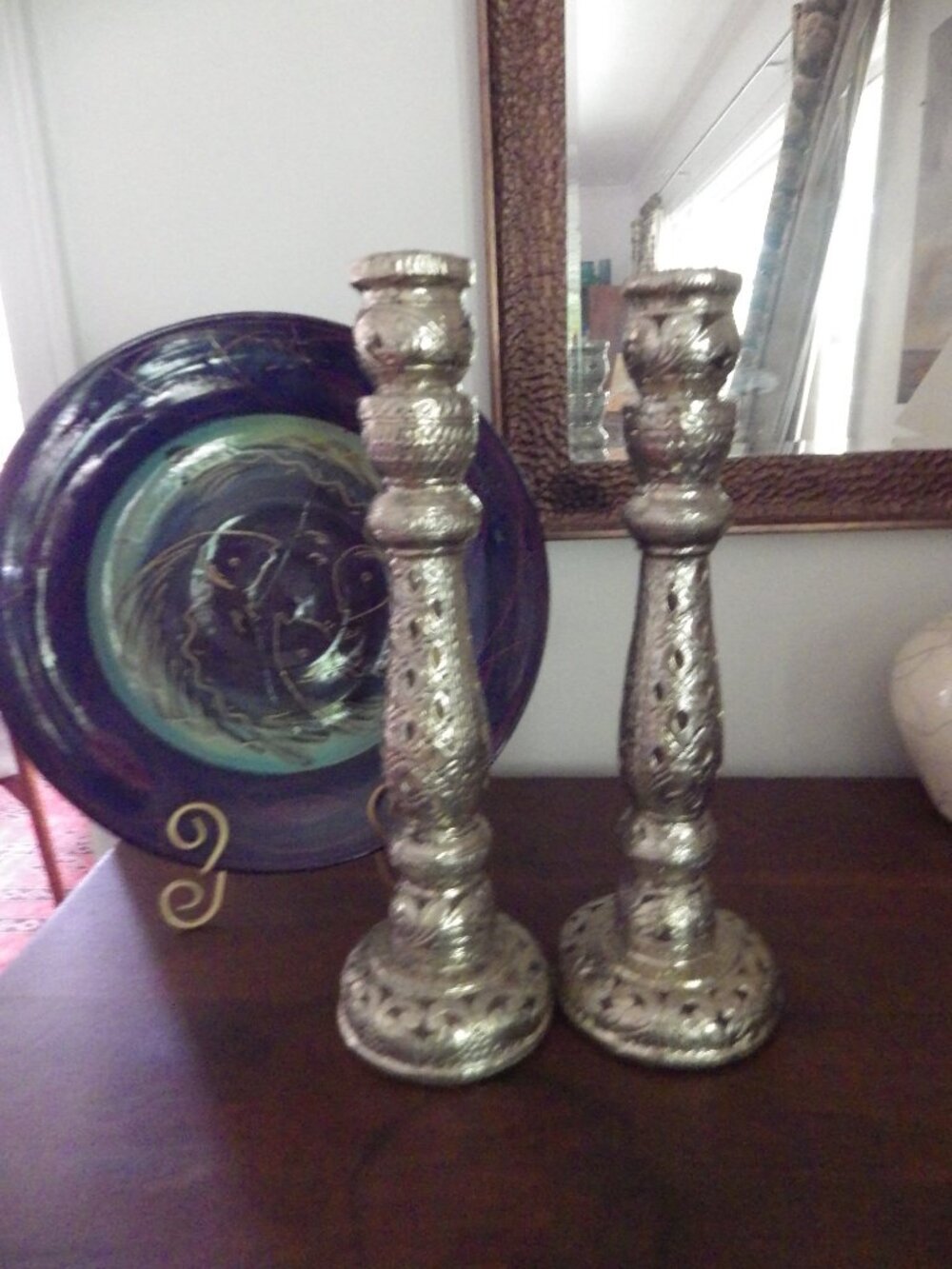 Pair of Tall Silver Filigree Metal Over Wood Candlesticks/